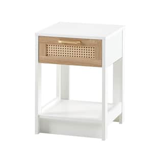 Anky 15.75 in. White Rectangle MDF Rattan End Table 1-Drawer Modern Nightstand Side Table for Living Room