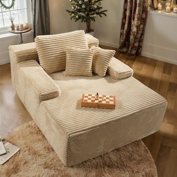 Allwex JOJO 67 in. Wide Square Arm Plush Corduroy Modern Rectangle Lazy Sofa Chaise with Pillows in Beige for Living Room