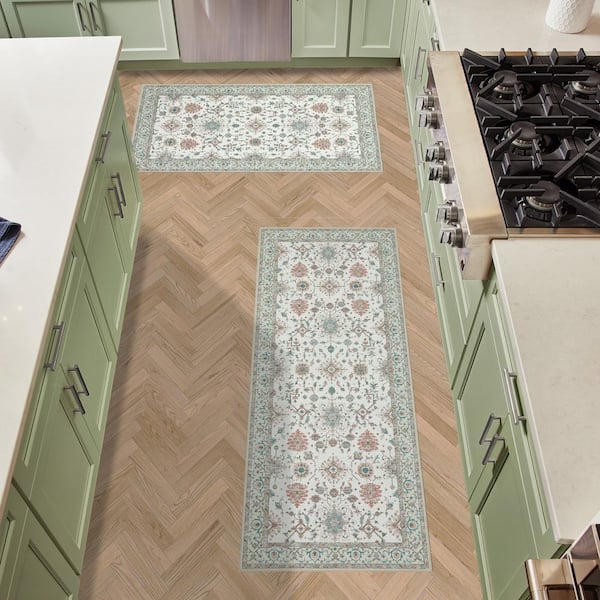 Aure Chenille Beige 2 ft. x 9 ft. Floral 2-Piece Rug Set