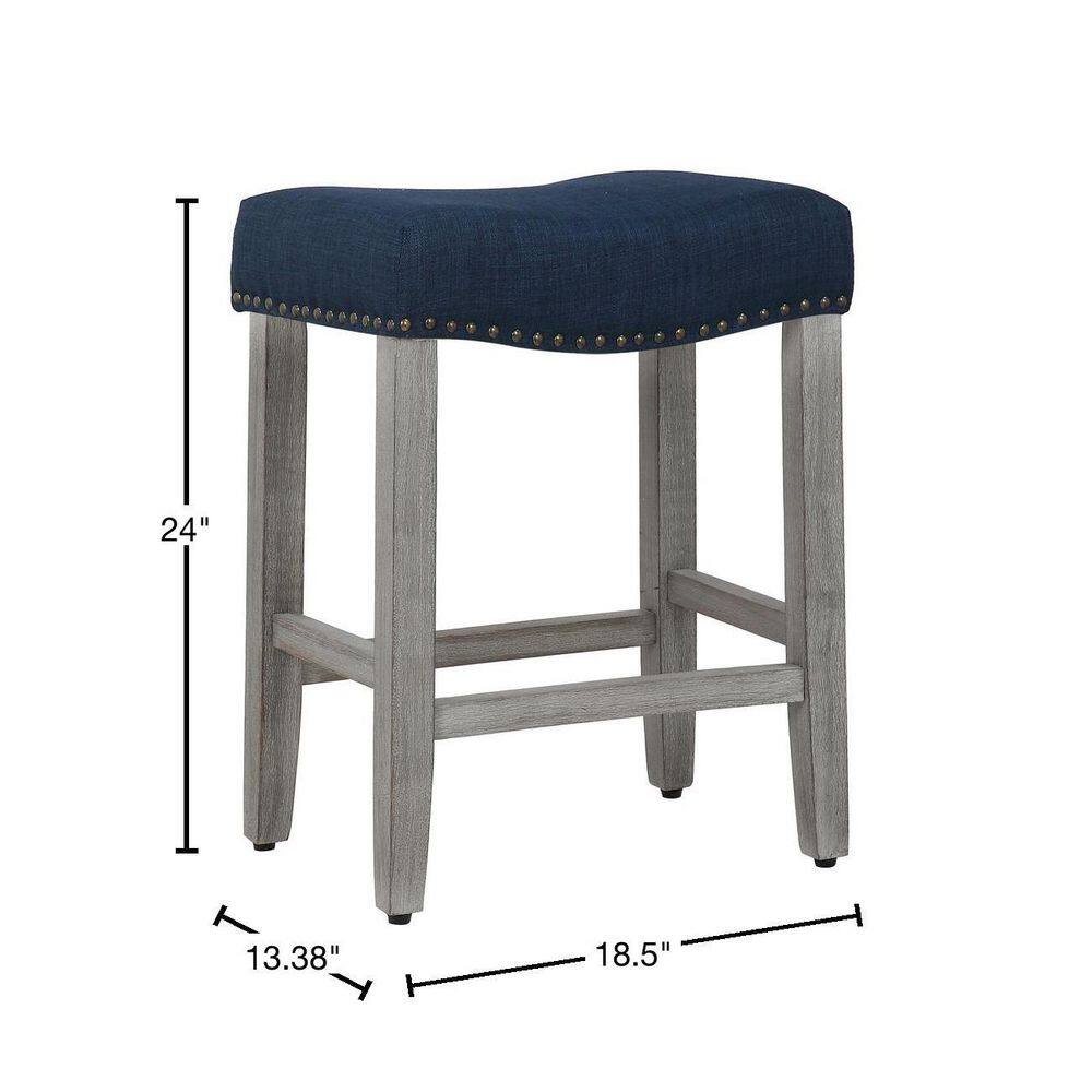 Navy Blue Upholstered Saddle Seat 24" Counter Stool with Nailhead Trim