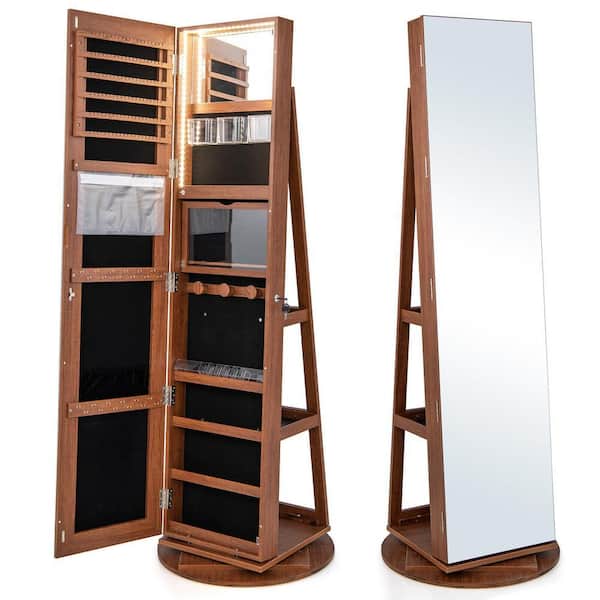 Dark Brown 360° Swivel LED Mirror Coffee Jewelry Box Cabinet Organizer