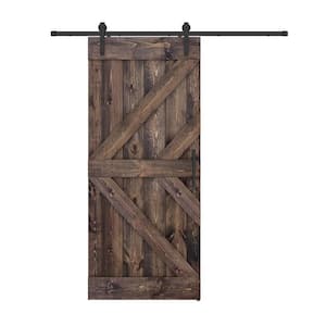 Double KL 28 in. x 84 in. Fully Set Up Dark Brown Finished Pine Wood Sliding Barn Door with Hardware Kit