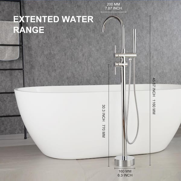 High Arc Swivel Spout Singe-Handle Floor Mount Freestanding Tub Faucet with Hand Shower in Polished Chrome