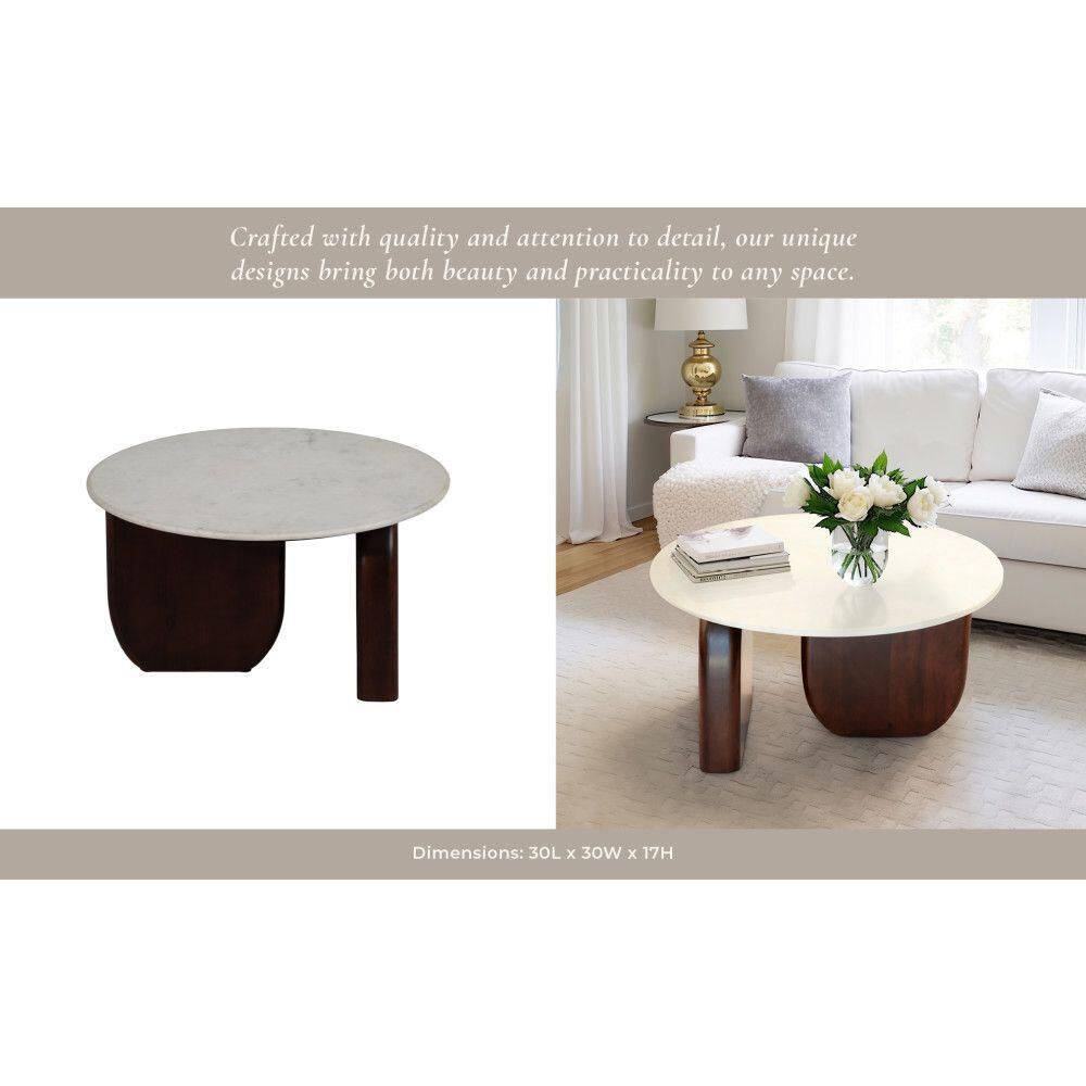 Round Walnut and White Marble Coffee Table, 30"