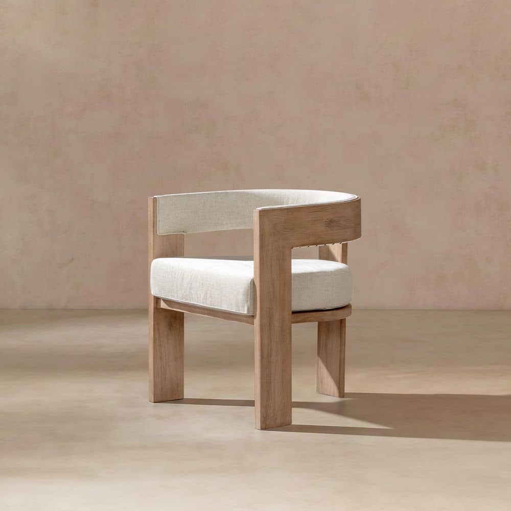 Wren Upholstered Reclaimed Pine Dining Arm Chair, Natural Brown, Soft Flax Light Beige Chenille