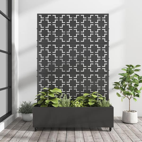 Lirago 72 in. x 47 in. Black Outdoor Metal Privacy Screen Raised Planter Box Wall Decor
