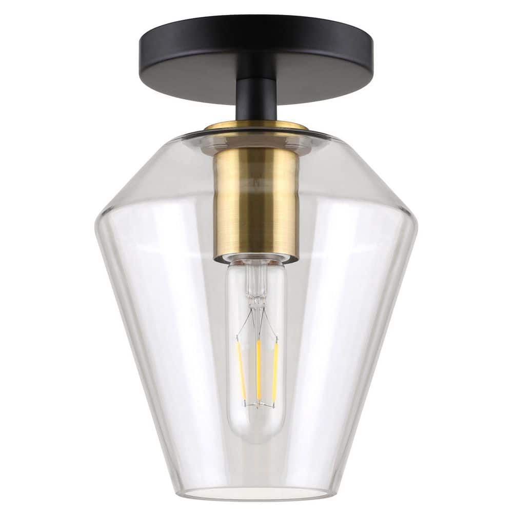 Remy 7" Matte Black and Brass Semi Flush Mount with Glass Shade