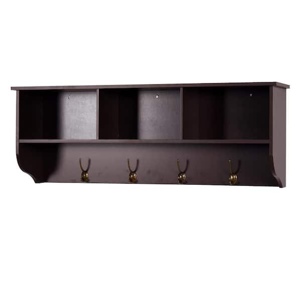 Tatahance 38.5 in. W x 7.8 in. D Espresso Wooden Composite Decorative Wall Shelf with 4 Dual Hooks