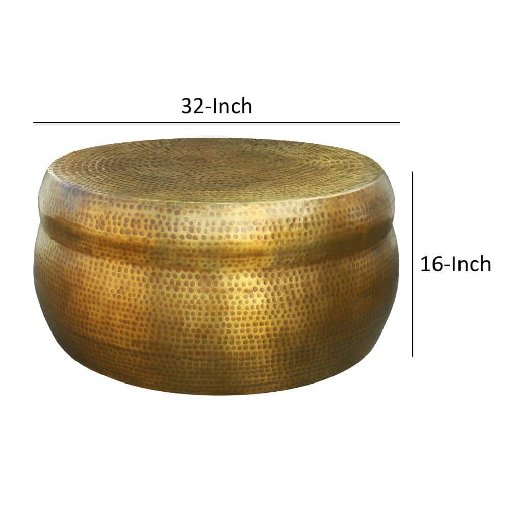32" Artisanal Antique Brass Round Drum Coffee Table with Storage