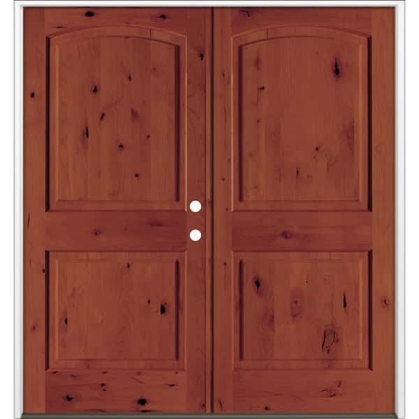 60 in. x 80 in. Rustic Knotty Alder 2-Panel Arch-Top Active Left Double BEHR Amaretto Stain Wood Prehung Front Door