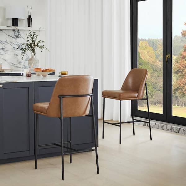 Spruce & Spring Monae 27 in. Saddle Brown High Back Wood Counter Stool with Faux Leather Seat (Set of 2)