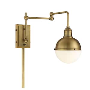6.5 in. W x 12 in. H 1-Light Natural Brass Adjustable Wall Sconce with White Glass Shade