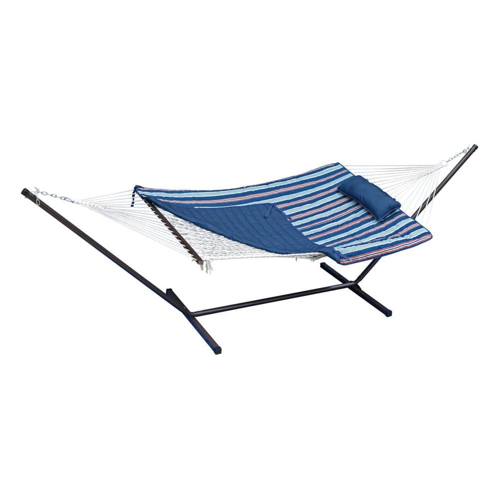 Blue and Red Cotton Rope Hammock with Stand, Pad, and Pillow