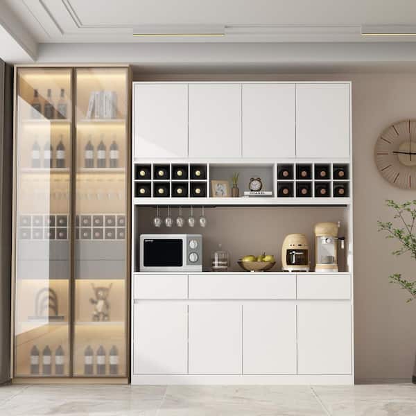 FUFU&GAGA 4-in-1 White Wood Wine Cabinet Bar Kitchen Wine Rack With Doors, Drawers, Adjustable Shelves and Wine Storage
