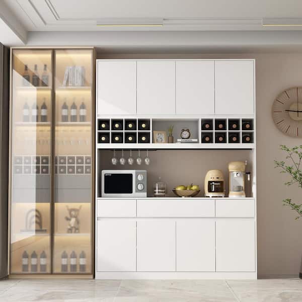 4-in-1 White Wood Wine Cabinet Bar Kitchen Wine Rack With Doors, Drawers, Adjustable Shelves and Wine Storage