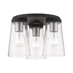 Cityview 11 in. 3-Light Black Large Flush Mount with Brushed Nickel Accents and Clear Glass
