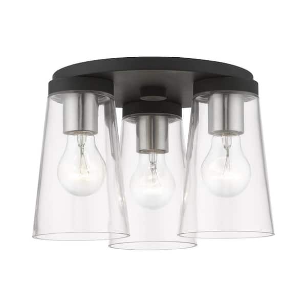 Livex Lighting Cityview 11 in. 3-Light Black Large Flush Mount with Brushed Nickel Accents and Clear Glass