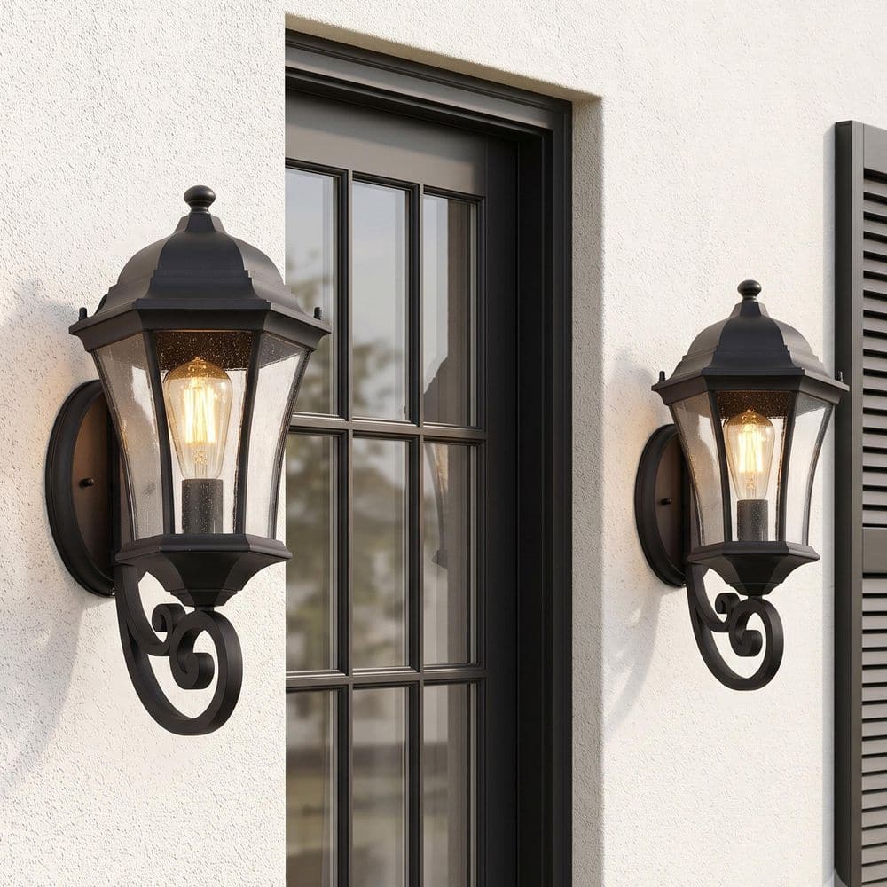 Byteany 20 in. 2-Light Black Hardwired Outdoor Wall Light Lantern