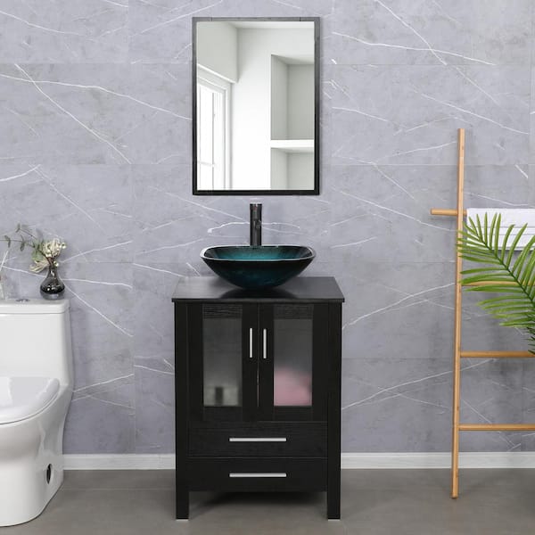 eclife 24 in. W x 20 in. D x 32 in. H Single Sink Bath Vanity in Black with Ocean Blue Vessel Sink Top ORB Faucet and Mirror