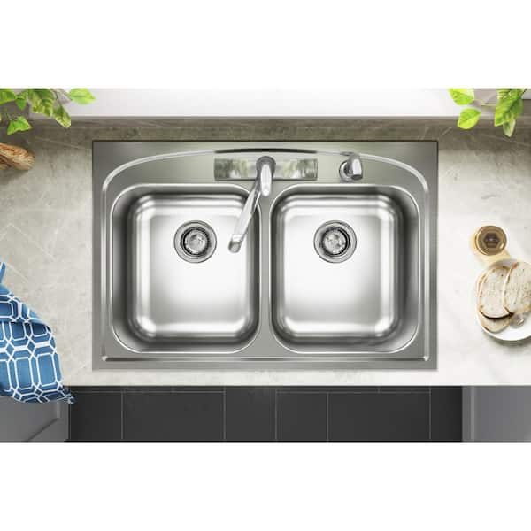 Pergola 33 in. Drop-in Double Bowl 20-Gauge Stainless Steel Sink w/ Faucet