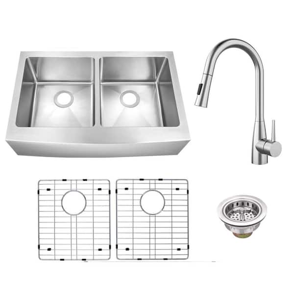 33 in. Farmhouse Apron Front Undermount 50/50 Double Bowl 16-Gauge Stainless Steel Sink with Pull-Out Sprayer Faucet