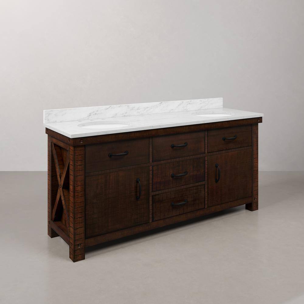 Aberdeen 72" Double Sink Rustic Sierra Vanity with Carrara White Marble Top