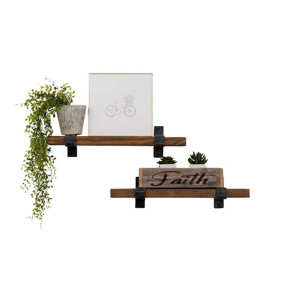 Del Hutson Designs Industrial Grace 6 in. x 24 in. x 6 in. Walnut Pine Wood Floating Decorative Wall Shelves with Wrap Brackets (Set of 2)