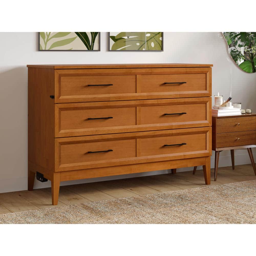 Light Toffee Full Wood Murphy Bed Chest with Mattress and USB Charger