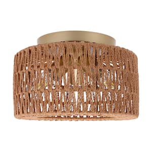 11.8 in. 3-Light Gold Flush Mount Ceiling Light with Hand-Woven Rattan Cage Shade for Hallway Bedroom