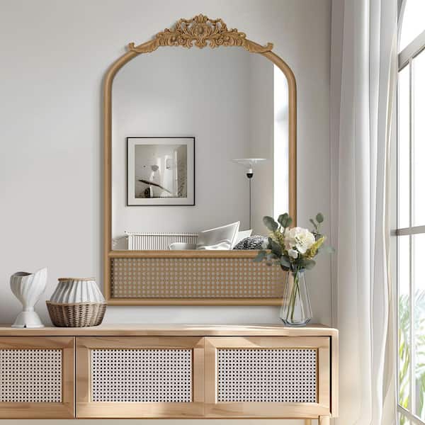 Lirago 24 in. W x 36 in. H Classic Carved Arch Wood Frame with Rattan Bottom Wall Mirror in Brown