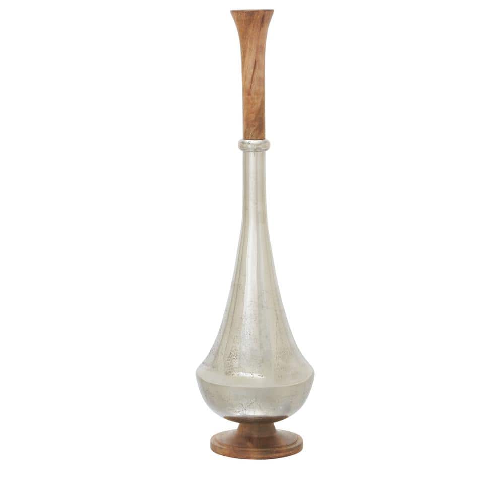 Tall Silver and Wood Floor Vase with Slender Neck
