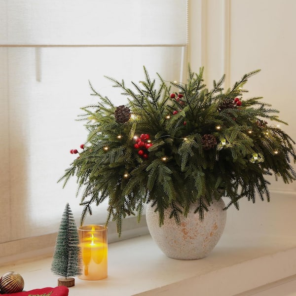 23 in. Green Christmas Artificial Norfolk Pine Branches with LED String Lights Christmas Decorations 20-Piece Set