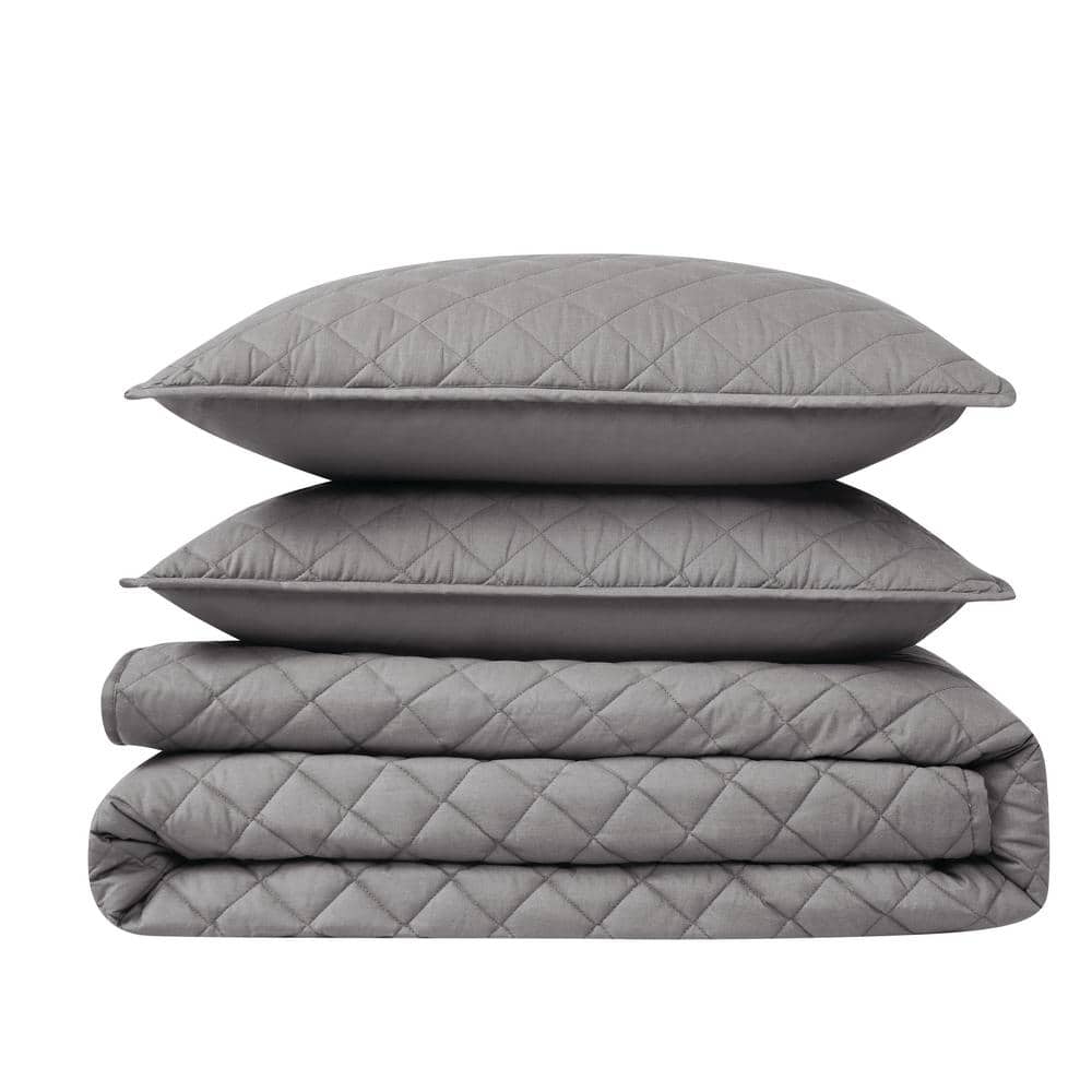 3-Piece Grey Solid Cotton Percale King Quilt Set price history on PriceWatchPro