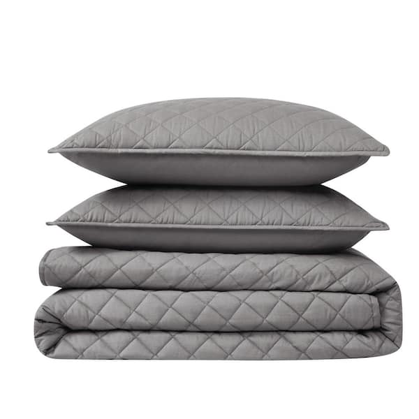 3-Piece Grey Solid Cotton Percale King Quilt Set