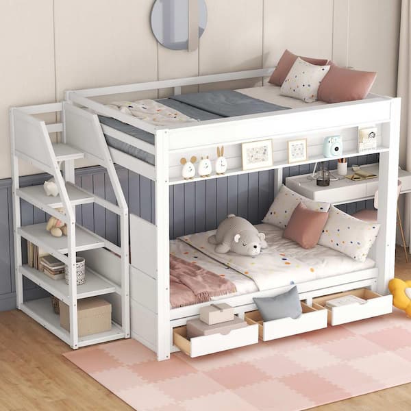 White Wood Full Size Convertible Bunk Bed with Storage Staircase, Bedside Table, and 3 Drawers