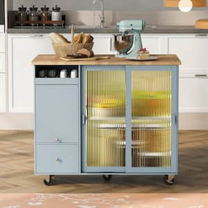 Gray Blue Wood 44 in. Kitchen Island with an Adjustable Shelf and 2 Drawers