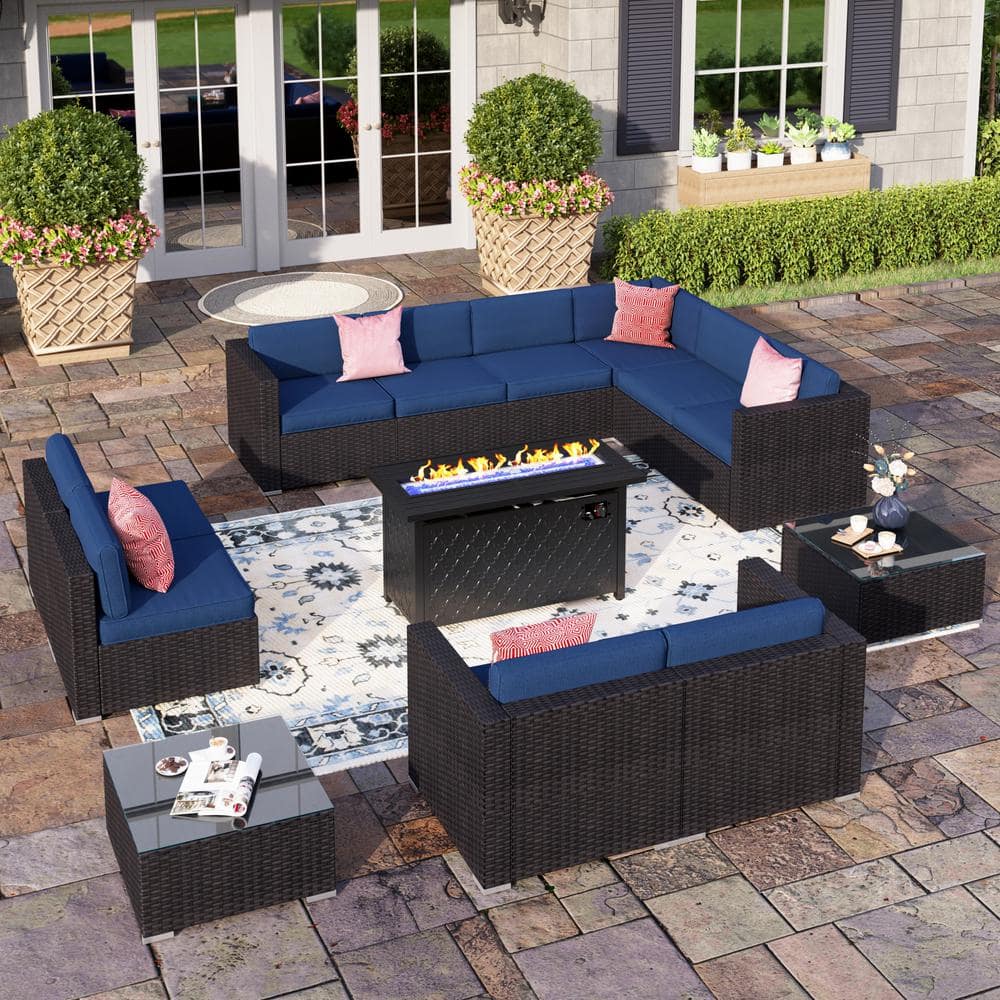 PHI VILLA Dark Brown Rattan Wicker 10 Seat 13-Piece Steel Outdoor Fire ...