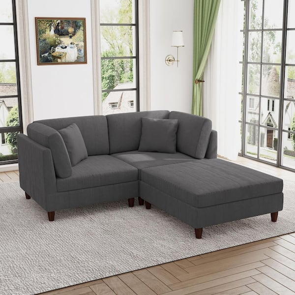 Uixe 74.7 in. Straight Arm 3-Piece Corduroy Upholstered L-Shaped Sectional Sofa in Gray