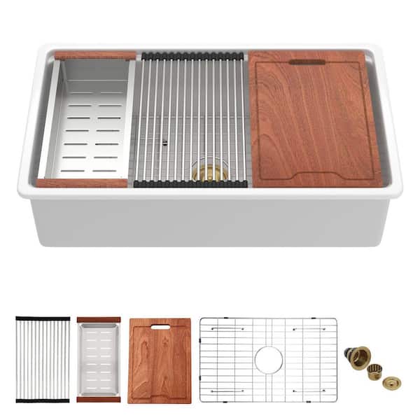 33 in. x 19 in. Undermount Single Bowl Ceramic White Workstation Kitchen Sink with Bottom Grids