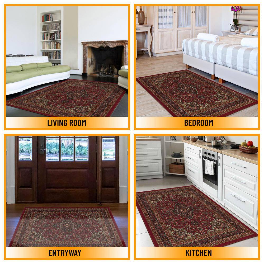 Red Oriental Design Low Pile Non-Slip Area Rug