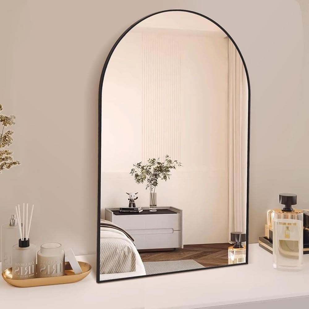 24 in. W x 36 in. H Black Metal Framed Arched Mirror, Wall Mirror for Livin