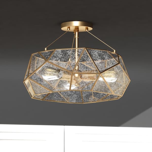 VAXCEL Euclid 16 in. W Gold Aged Brass Contemporary Geometric Semi Flush Mount Ceiling Light Fixture with Silver Mercury Glass