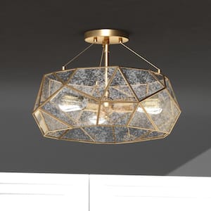 Euclid 16 in. W Gold Aged Brass Contemporary Geometric Semi Flush Mount Ceiling Light Fixture with Silver Mercury Glass