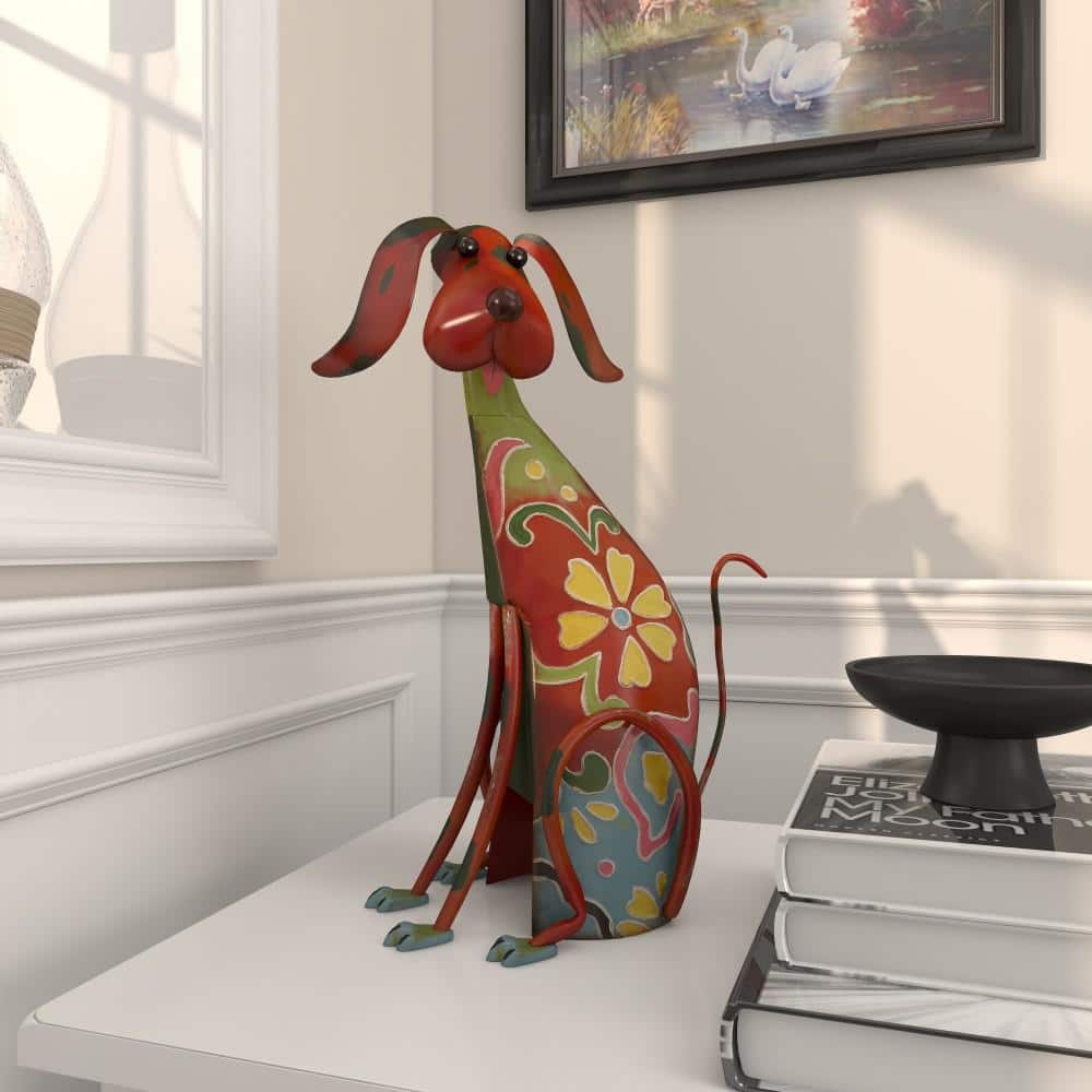 Multicolor Floral Iron Dog Garden Sculpture, 12" x 17"