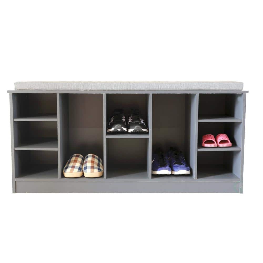 Entryway Storage Shoe Bench with Leather Cushion, 10 Cubbies Shoe