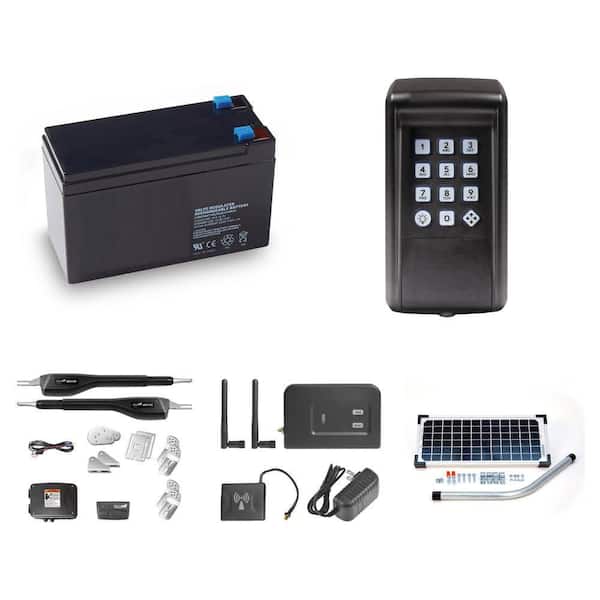 Wireless Kit, Digital Keypad, Medium Duty Dual Swing Gate Opener, 10-Watt Solar Panel Kit and 12-Volt Battery Combo