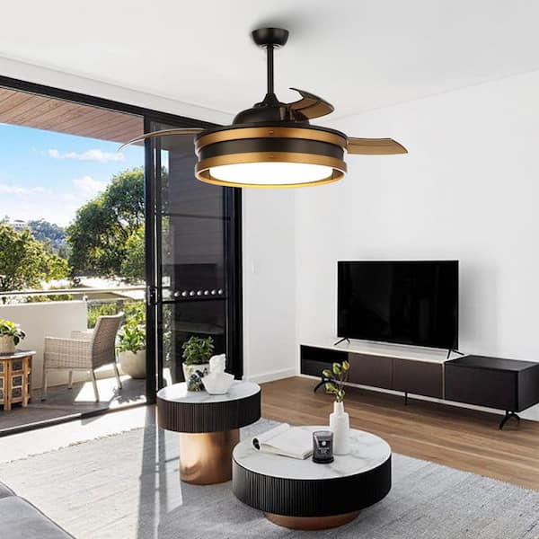 52 in. Indoor LED Black Smart Retractable Caged Ceiling Fan with Light and Remote, Works with Google Home/Alexa/Tuya