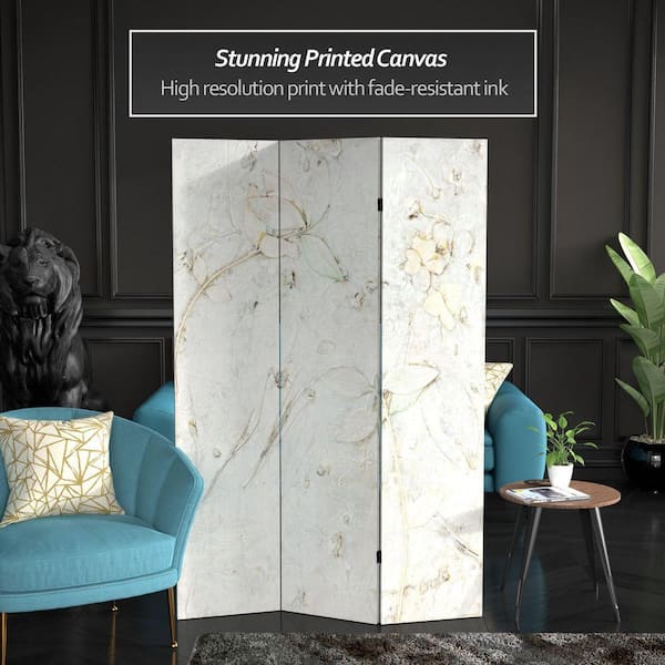 RED LANTERN 6 ft. Ivory Flowers Printed 3-Panel Room Divider CAN