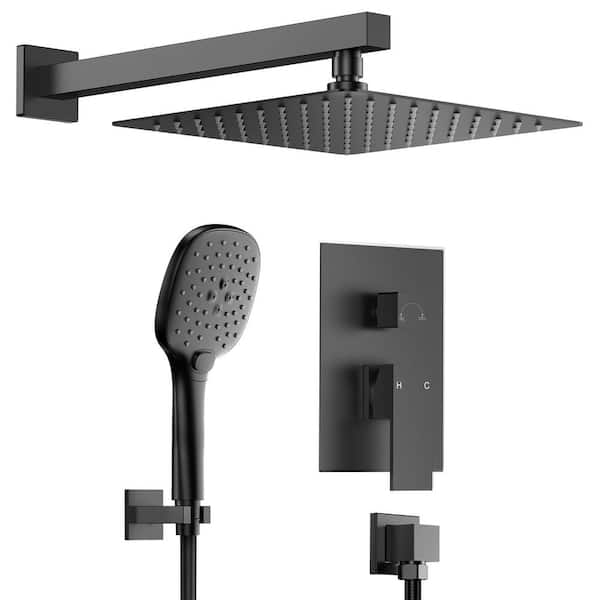 Single-Handle Rain 4-Spray Square 10 in. Wall Mount Dual Shower Head Fixed and Handheld Shower Head 2.5 GPM in Black