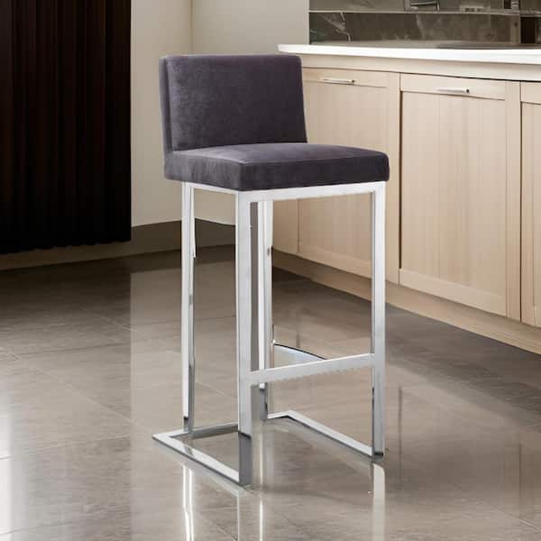 Benjara 30 in. Gray and Chrome Low Back Metal Frame Bar Stool with Velvet Seat